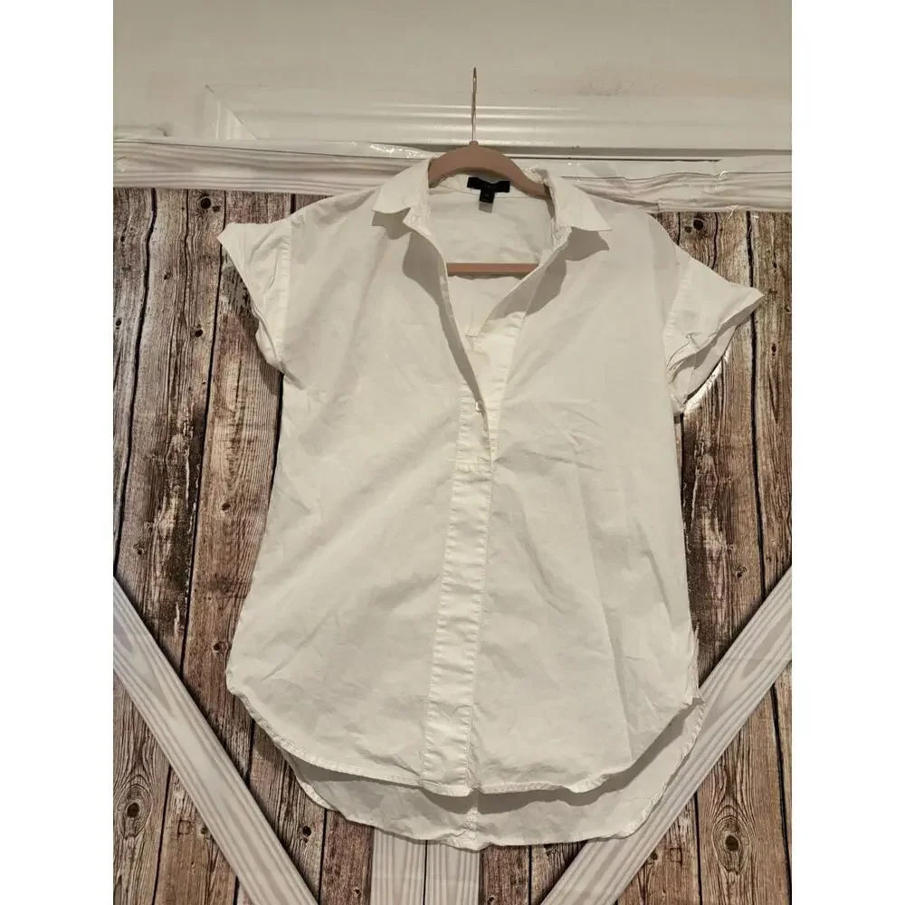 Womens J Crew white v button collared cap sleeve‎ top sz 00 #257